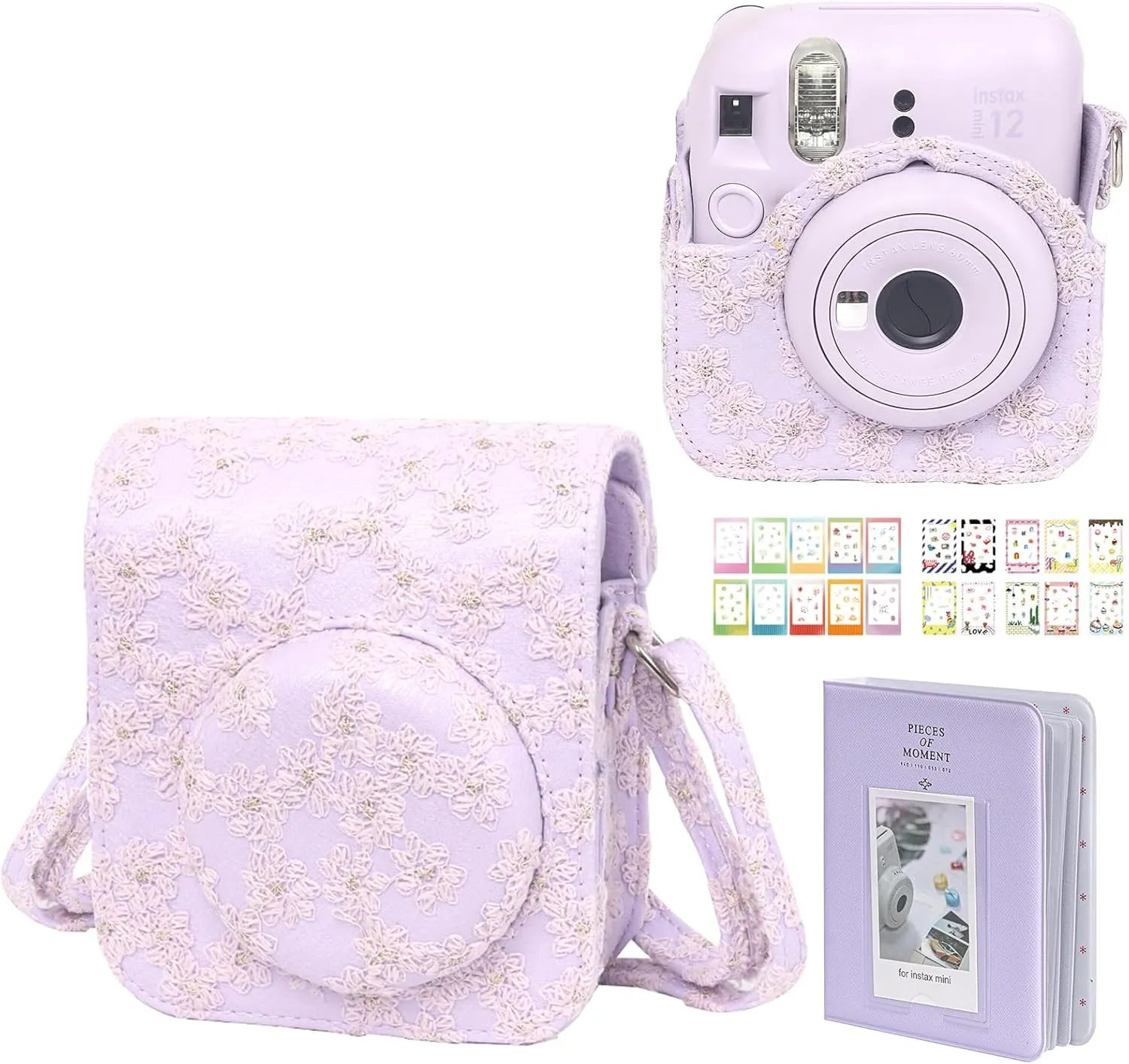 Camera Case Mini 12 Protective Case for Polaroid Fujifilm Instax Mini 12 Case, Lace Flower Cover with 64 Pocket Mini Photo Album, Adjustable Strap and 20 DIY Stickers (No Camera) - Purple
