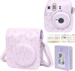 Camera Case Mini 12 Protective Case for Polaroid Fujifilm Instax Mini 12 Case, Lace Flower Cover with 64 Pocket Mini Photo Album, Adjustable Strap and 20 DIY Stickers (No Camera) - Purple