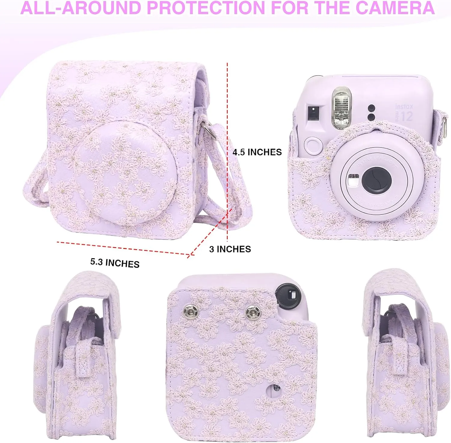 Camera Case Mini 12 Protective Case for Polaroid Fujifilm Instax Mini 12 Case, Lace Flower Cover with 64 Pocket Mini Photo Album, Adjustable Strap and 20 DIY Stickers (No Camera) - Purple