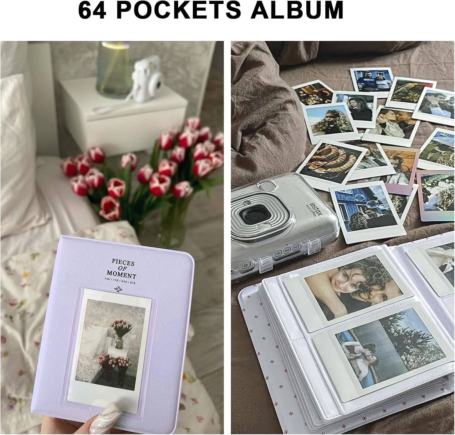 Camera Case Mini 12 Protective Case for Polaroid Fujifilm Instax Mini 12 Case, Lace Flower Cover with 64 Pocket Mini Photo Album, Adjustable Strap and 20 DIY Stickers (No Camera) - Purple