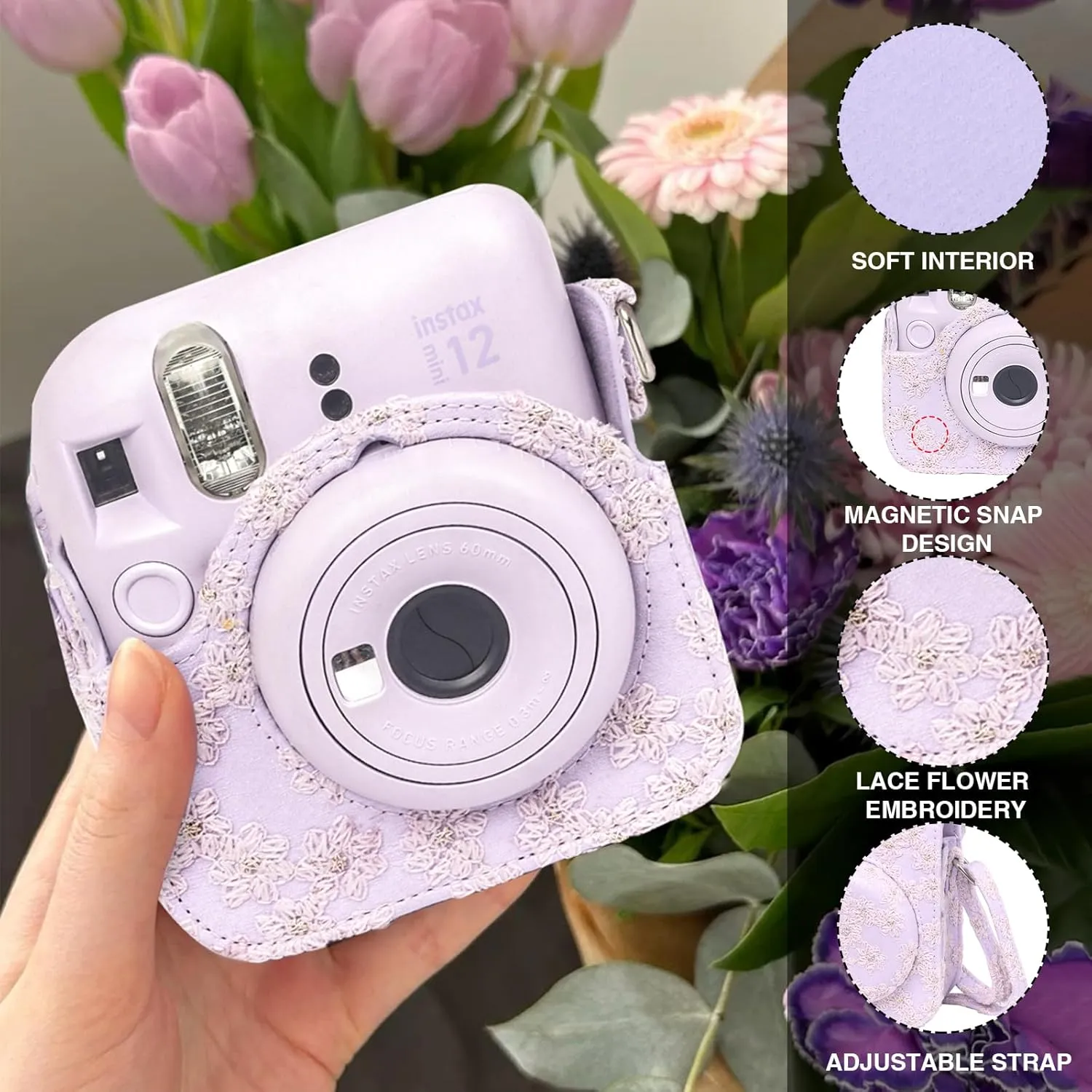 Camera Case Mini 12 Protective Case for Polaroid Fujifilm Instax Mini 12 Case, Lace Flower Cover with 64 Pocket Mini Photo Album, Adjustable Strap and 20 DIY Stickers (No Camera) - Purple
