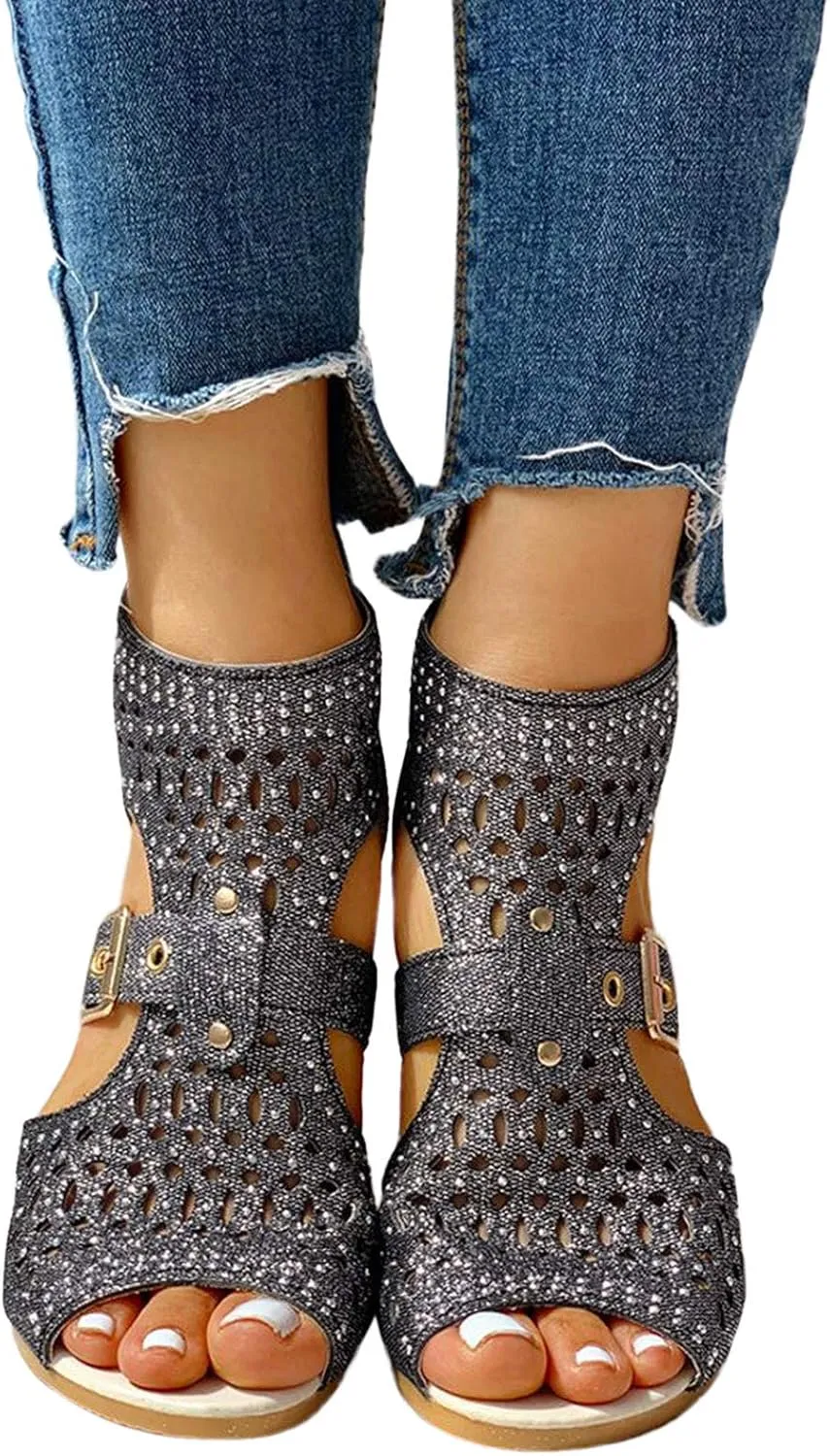 Casual Sandals Women Flat Wedge Crystal Sandals for Women Orthopedic Open Toe Shoes Slip On Casual Sandals