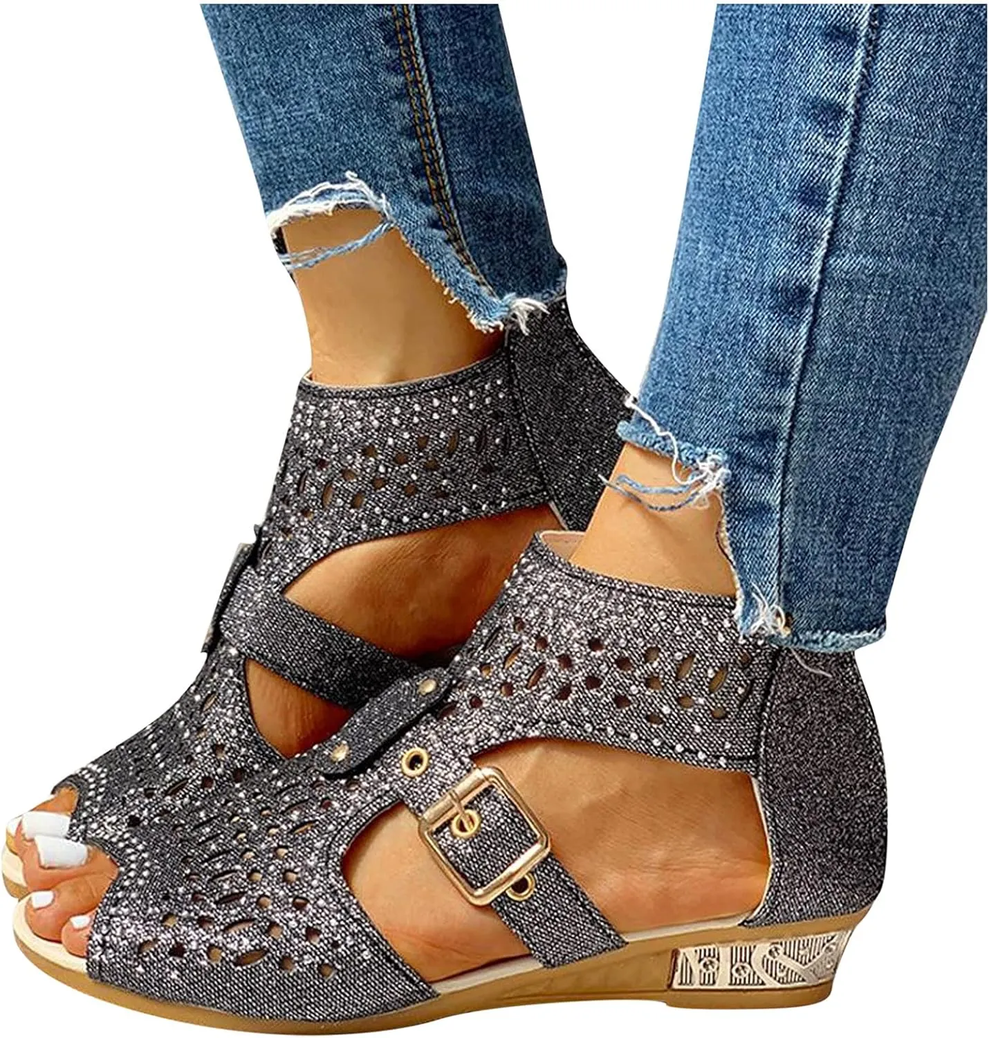Casual Sandals Women Flat Wedge Crystal Sandals for Women Orthopedic Open Toe Shoes Slip On Casual Sandals