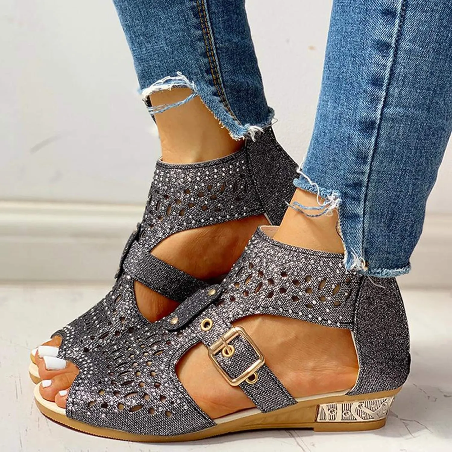 Casual Sandals Women Flat Wedge Crystal Sandals for Women Orthopedic Open Toe Shoes Slip On Casual Sandals