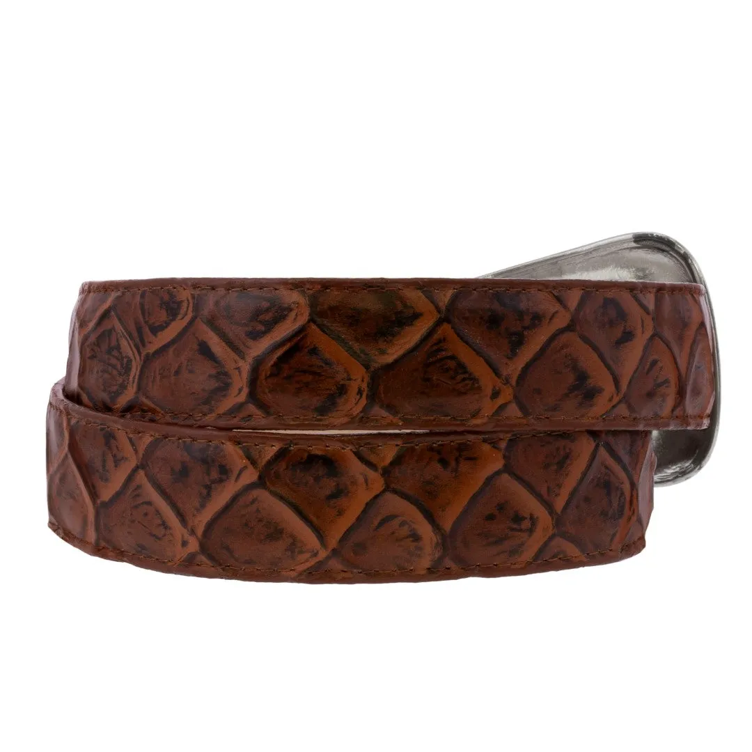 Cognac Western Cowboy Belt Pirarucu Fish Leather - Silver Buckle