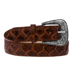 Cognac Western Cowboy Belt Pirarucu Fish Leather - Silver Buckle