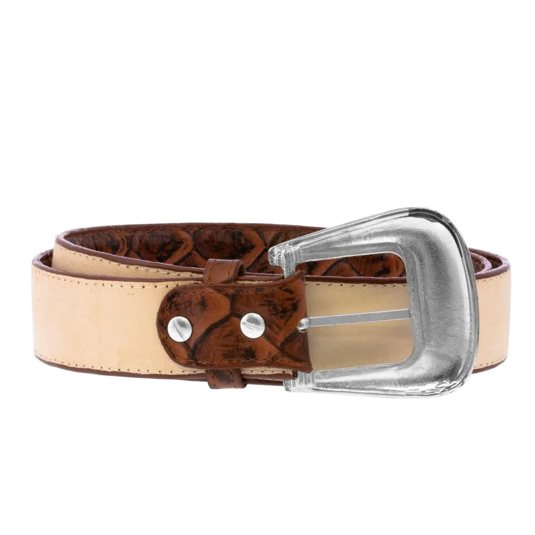 Cognac Western Cowboy Belt Pirarucu Fish Leather - Silver Buckle