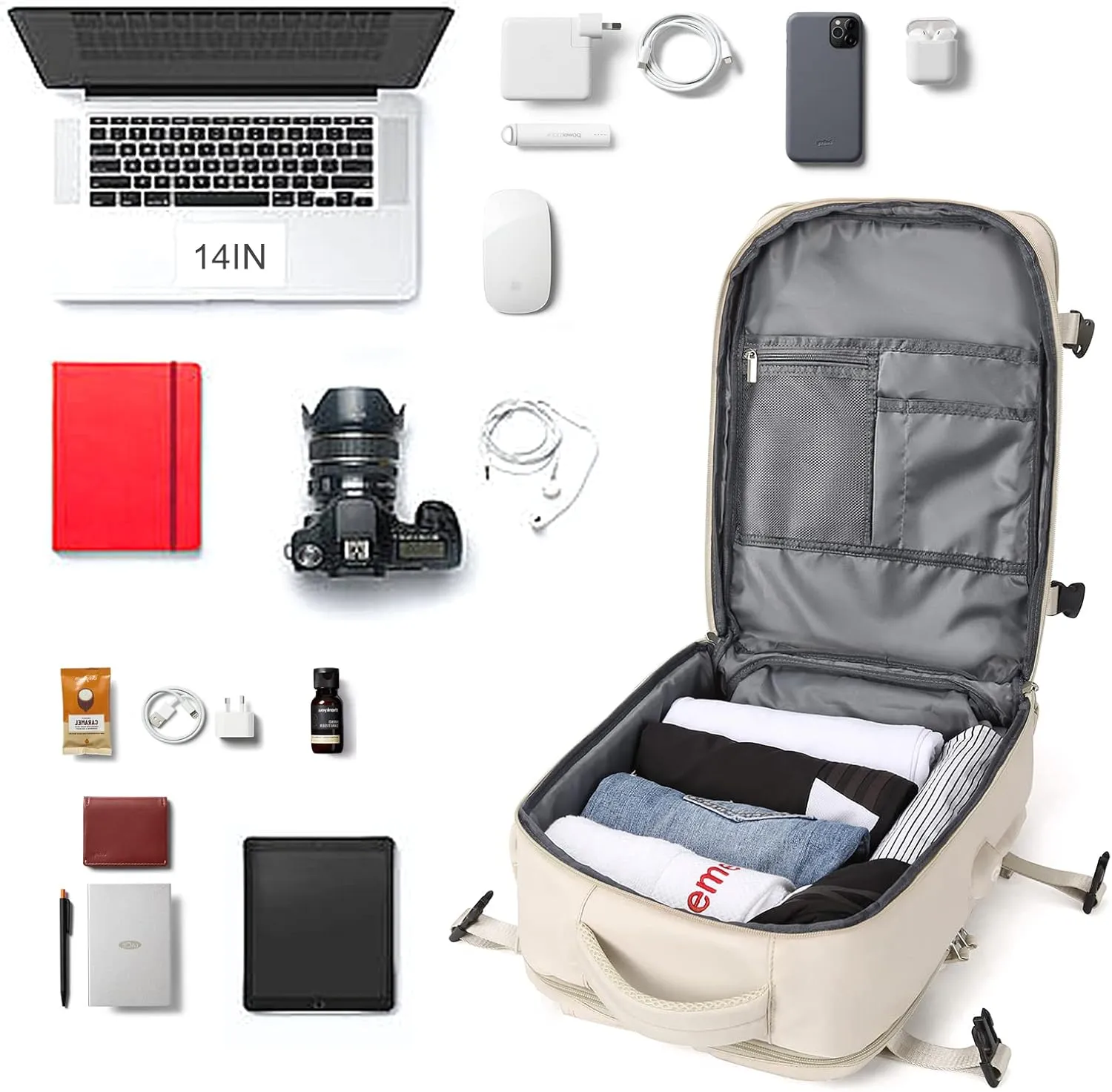 coowoz Travel Backpack For Women Men Airline Approved,Carry On Backpack,Large Hiking, Waterproof Outdoor Sports Rucksack Casual Daypack Fit 15.6 Inch Laptop Backpack College Backpack(Beige)