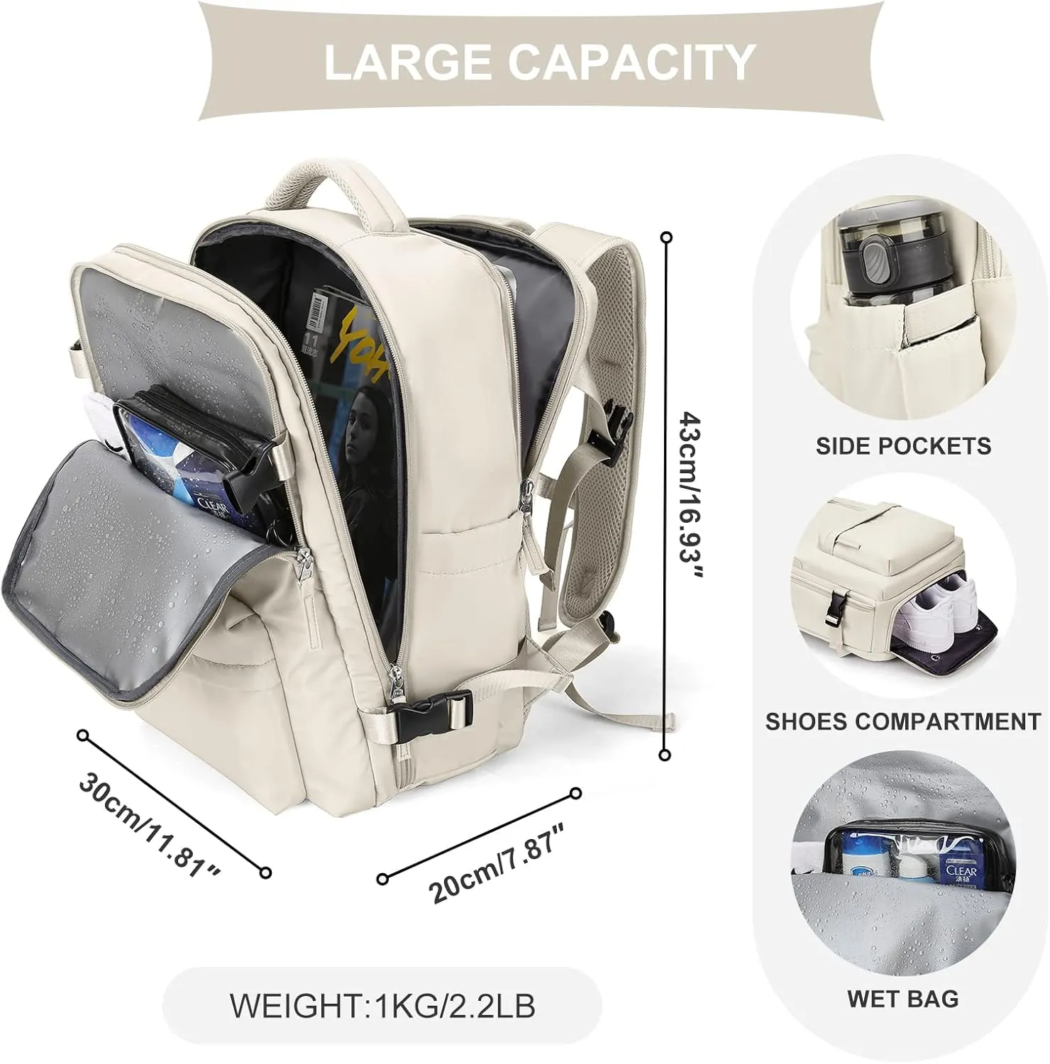 coowoz Travel Backpack For Women Men Airline Approved,Carry On Backpack,Large Hiking, Waterproof Outdoor Sports Rucksack Casual Daypack Fit 15.6 Inch Laptop Backpack College Backpack(Beige)