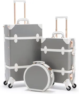 COTRUNKAGE Desinger Vintage Suitcase for Women, Carry On and Checked Luggage Set with Wheels and Train Case, Light Gray