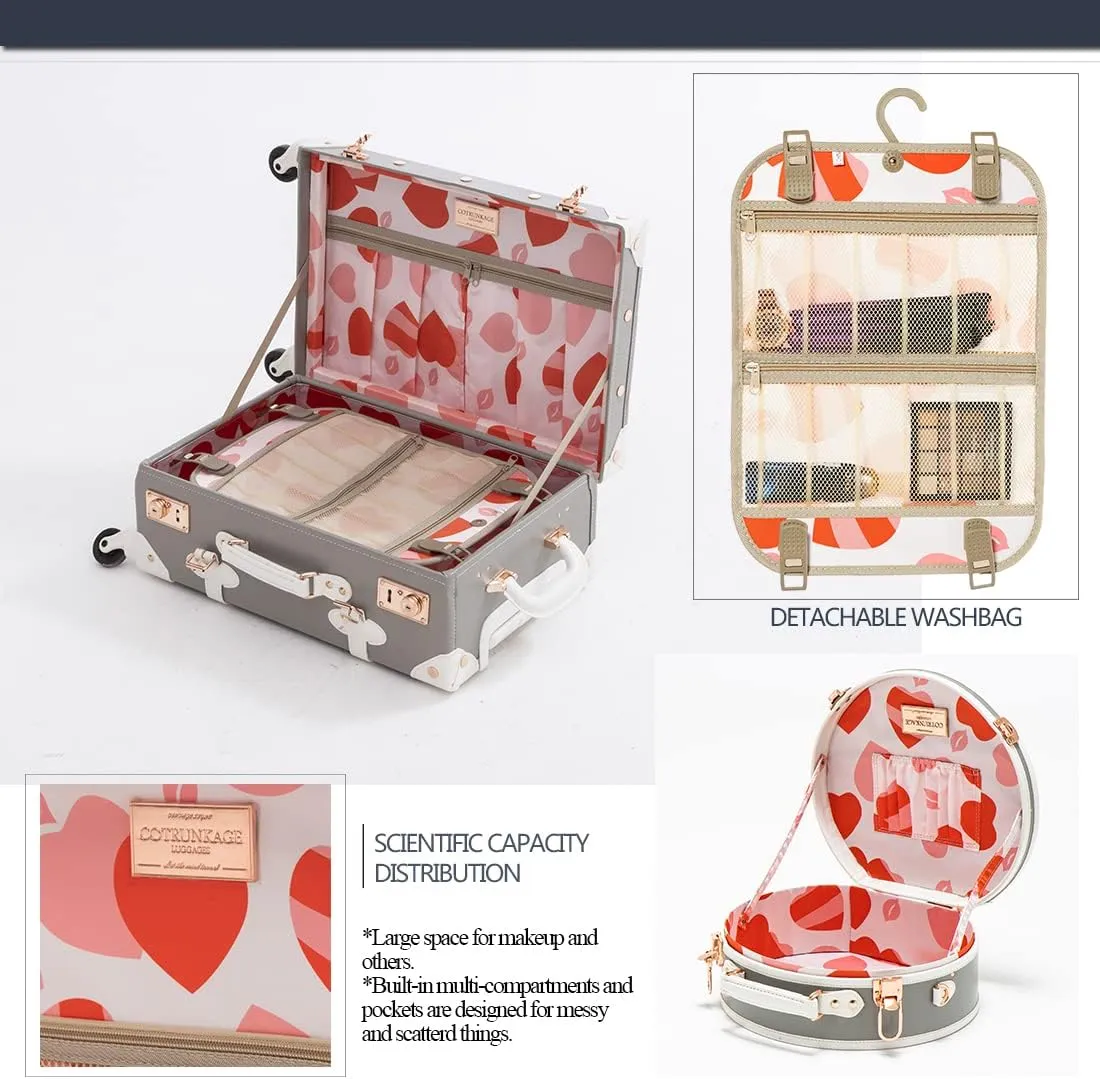 COTRUNKAGE Desinger Vintage Suitcase for Women, Carry On and Checked Luggage Set with Wheels and Train Case, Light Gray