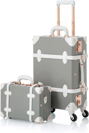 COTRUNKAGE Vintage Suitcase Set 2 Piece Retro Carry On Luggage with Spinner Wheels for Women, Light grey