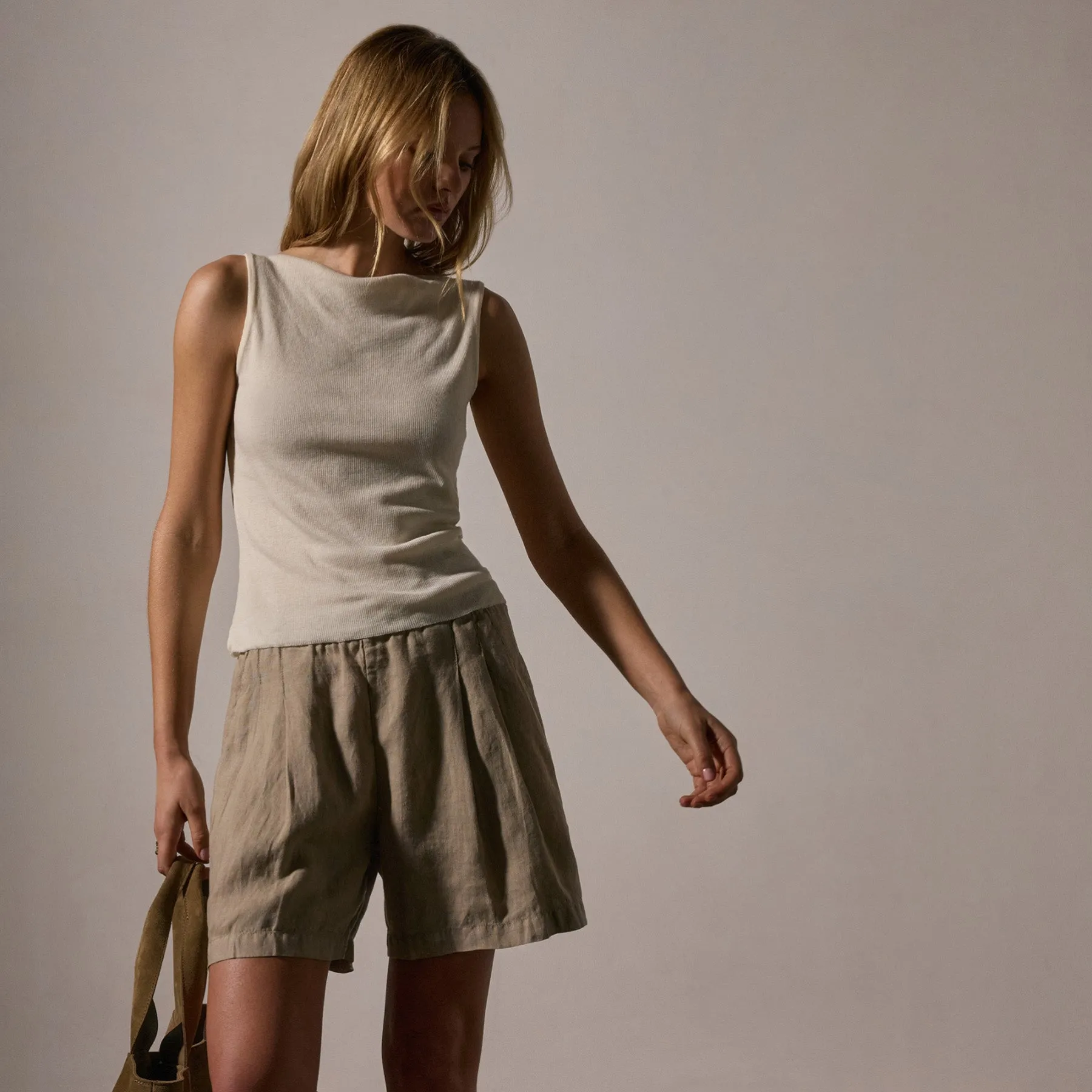 Cotton Cashmere Rib Boat Neck Top - Ivory