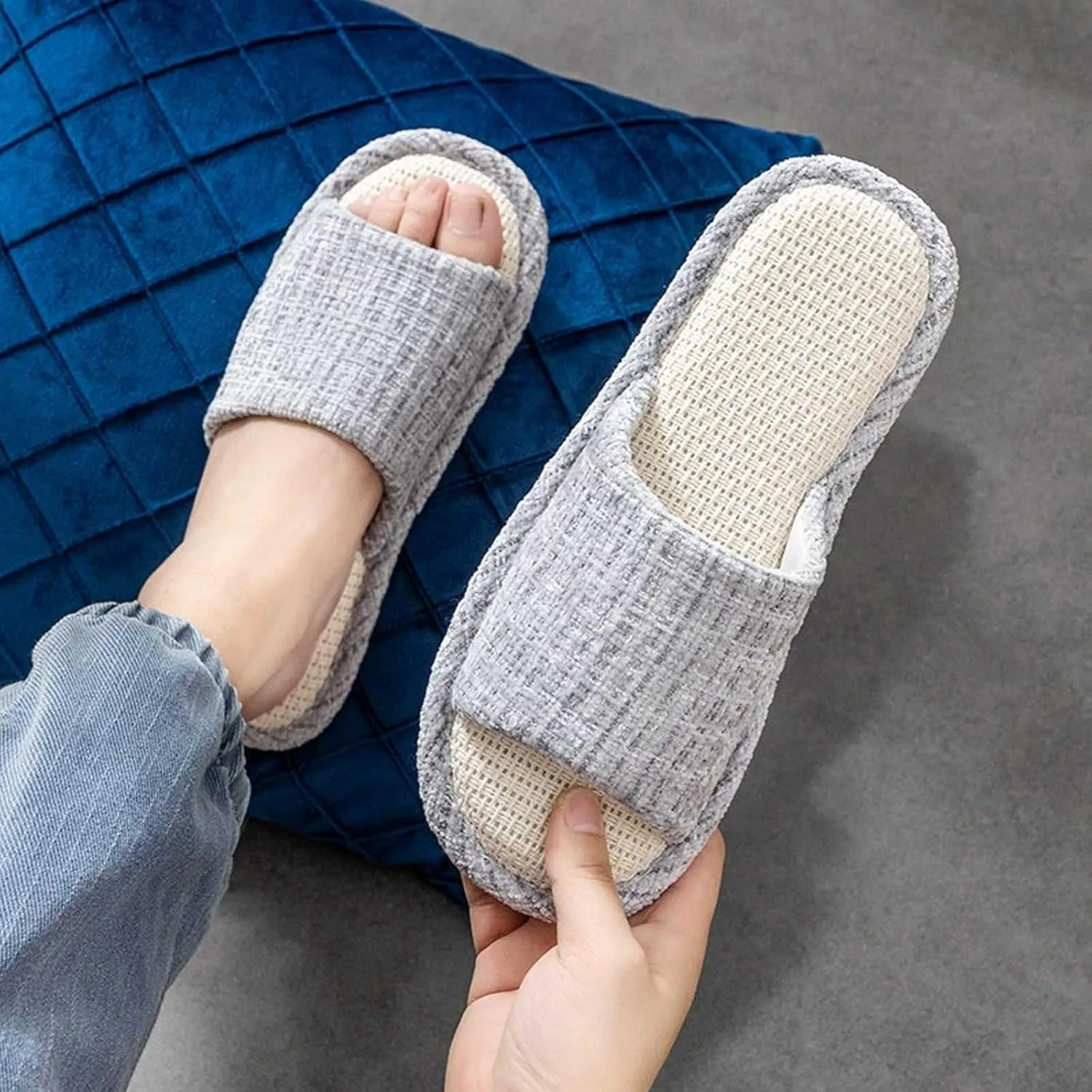 Couples Fashion Open Toe Cloth Mute Slippers Men's and Women's Linen Home Shoes Women Bed Slippers Size 11