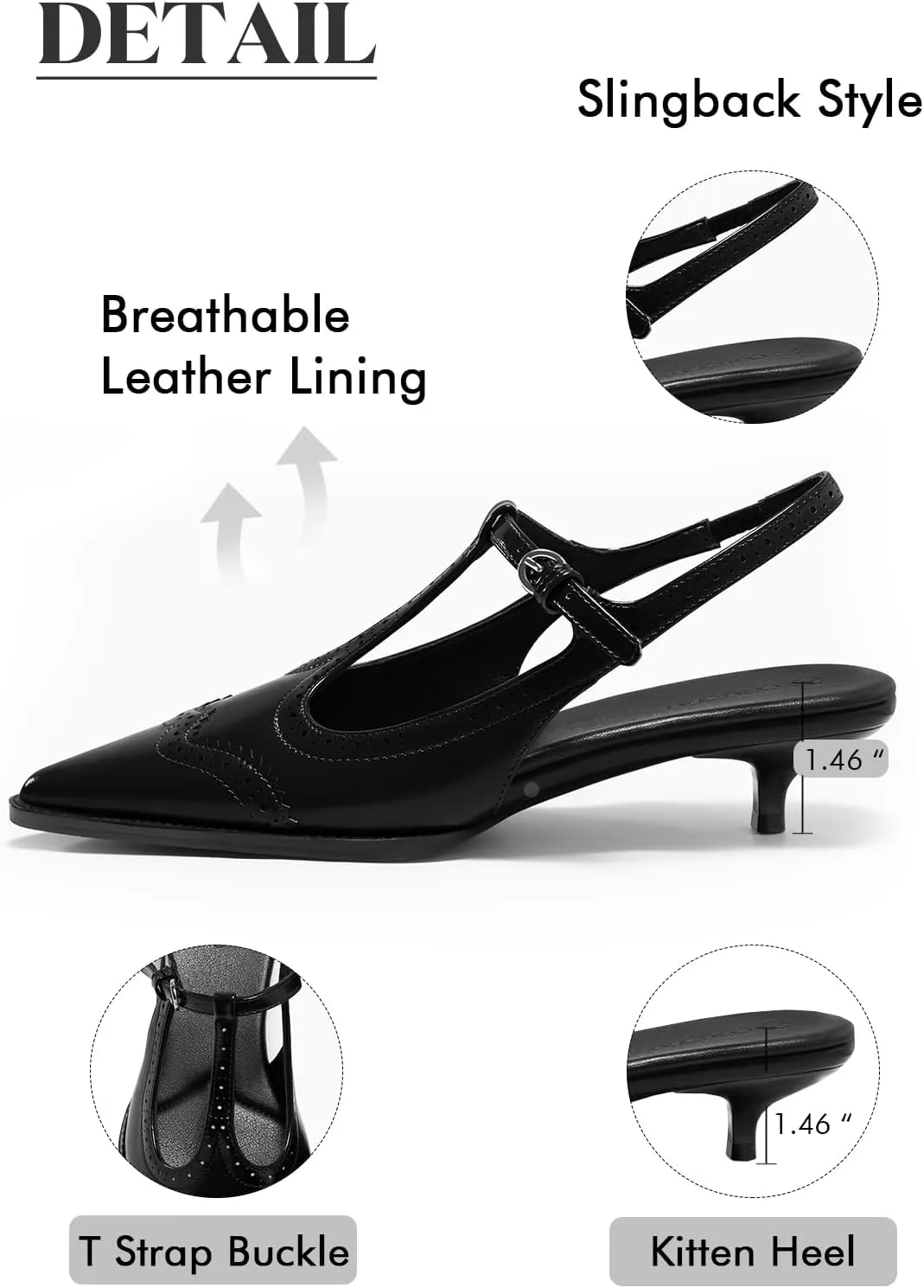 Coutgo Womens Slingback Kitten Heels Oxford T Strap Pumps Low Heel Closed Pointed Toe Vintage Dress Shoes