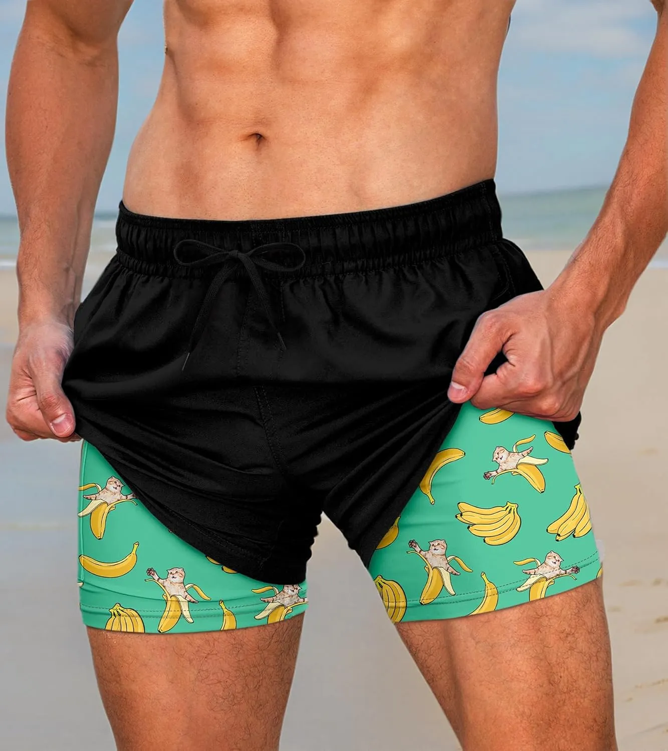 Cozople Mens Swim Trunks Quick Dry Bathing Suit with Compression Liner 5.5" Inseam Anti Chafe Beach Swim Shorts