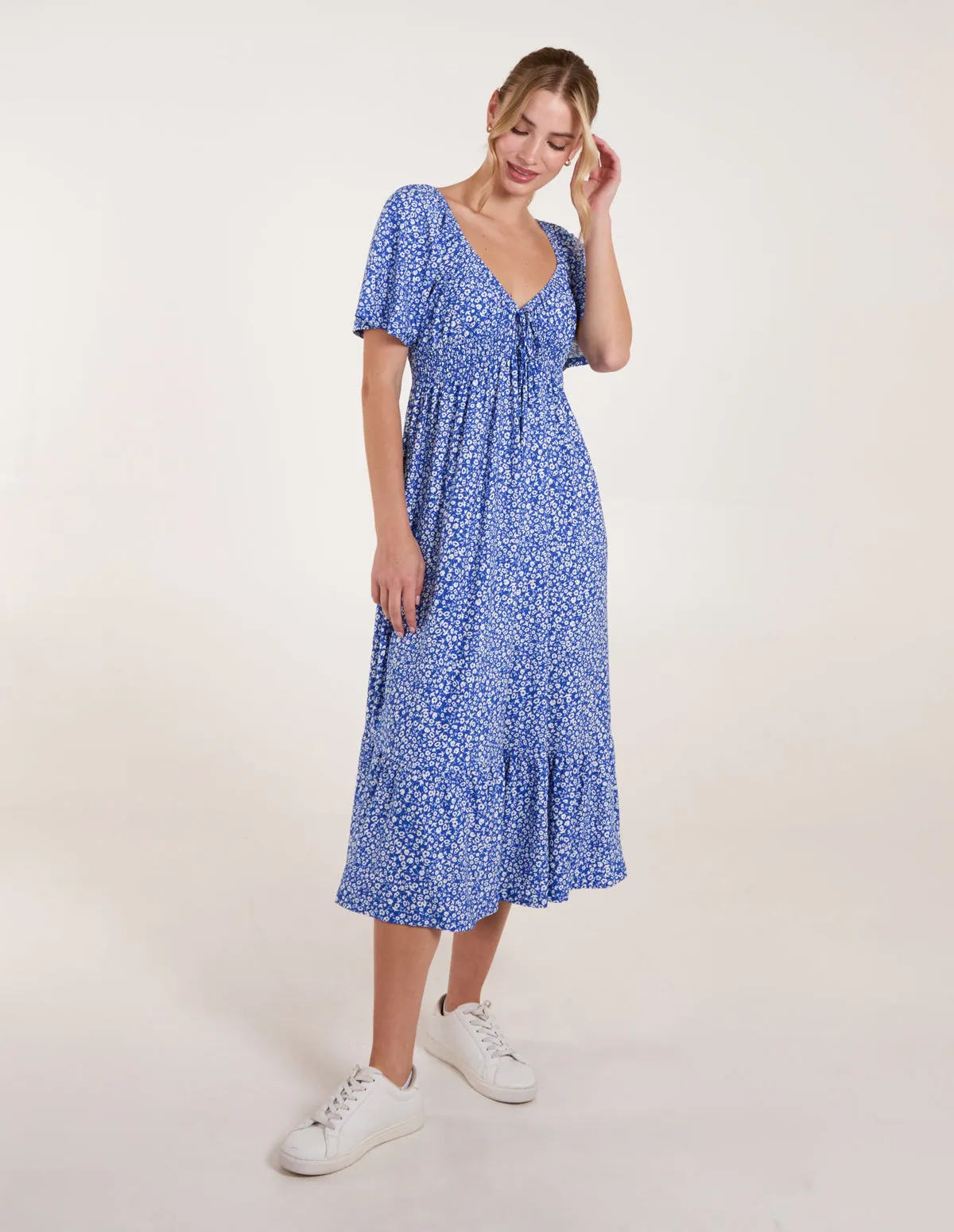 Ditsy Floral Tie Front Shirred Waist Midi Dress