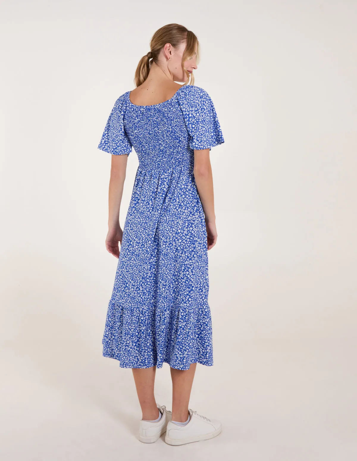 Ditsy Floral Tie Front Shirred Waist Midi Dress