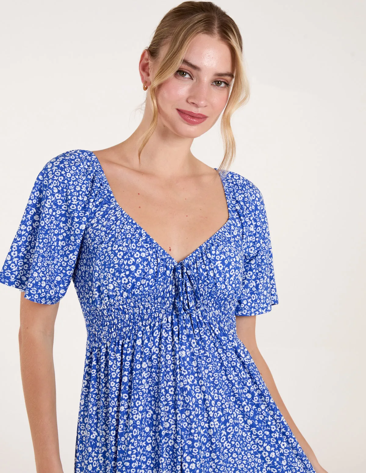 Ditsy Floral Tie Front Shirred Waist Midi Dress