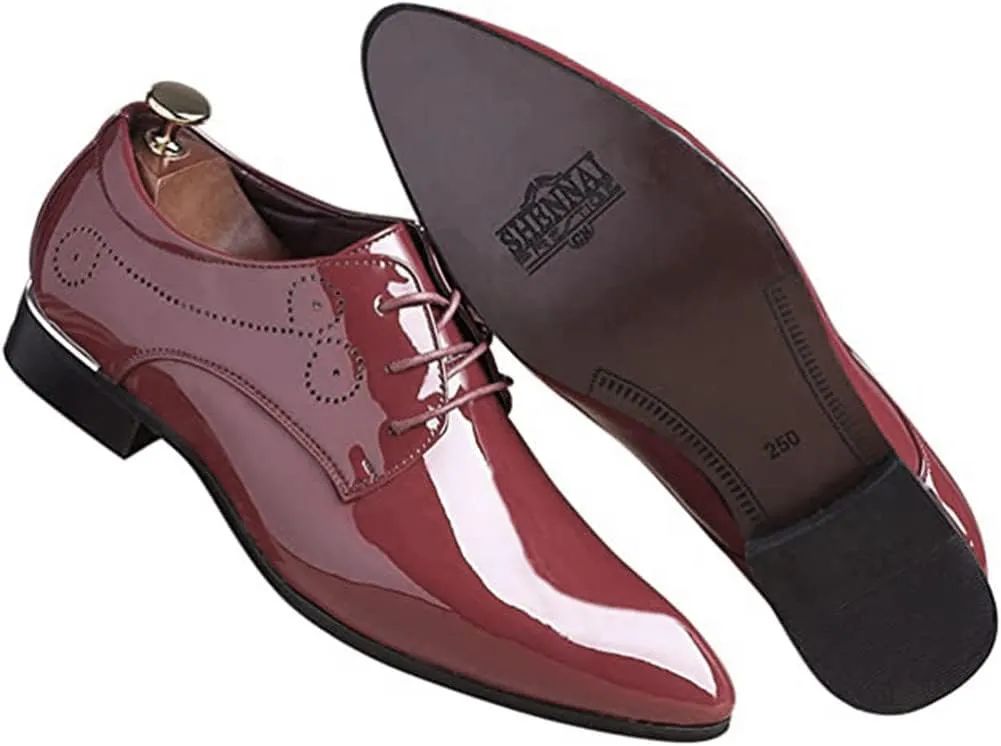 Dress Shoes for Men Pointed Toe Classic Patent Leather Lace Up Oxford Blue Red White