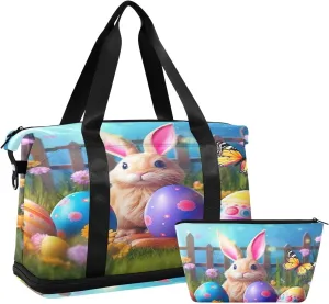Easter Bunny Sports Gym Bag with Waterproof Dry Wet Pocket, Travel Duffel Bag for Women MenWorkout Bag Fits Yoga, Swimming