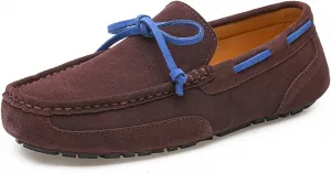 Easy to Put and Remove Driving Moccasins Smoking Loafer for Men Suede Vamp Stitching Details Deck Shoes Plain Toe Genuine Leather Resistant Flexible Flat Heel Soft Driving for All Occasions