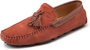 Easy to Put and Remove Smoking Loafer for Men Tassel Genuine Leather Suede Vamp Round Toe Stitching Details Comfortable Flat Heel Flexible Soft Resistant Walking Slip On for All Occasions Brown