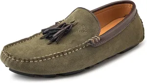 Easy to Put and Remove Smoking Loafer for Men Tassel Genuine Leather Suede Vamp Round Toe Stitching Details Comfortable Flat Heel Flexible Soft Resistant Walking Slip On for All Occasions Dark Green