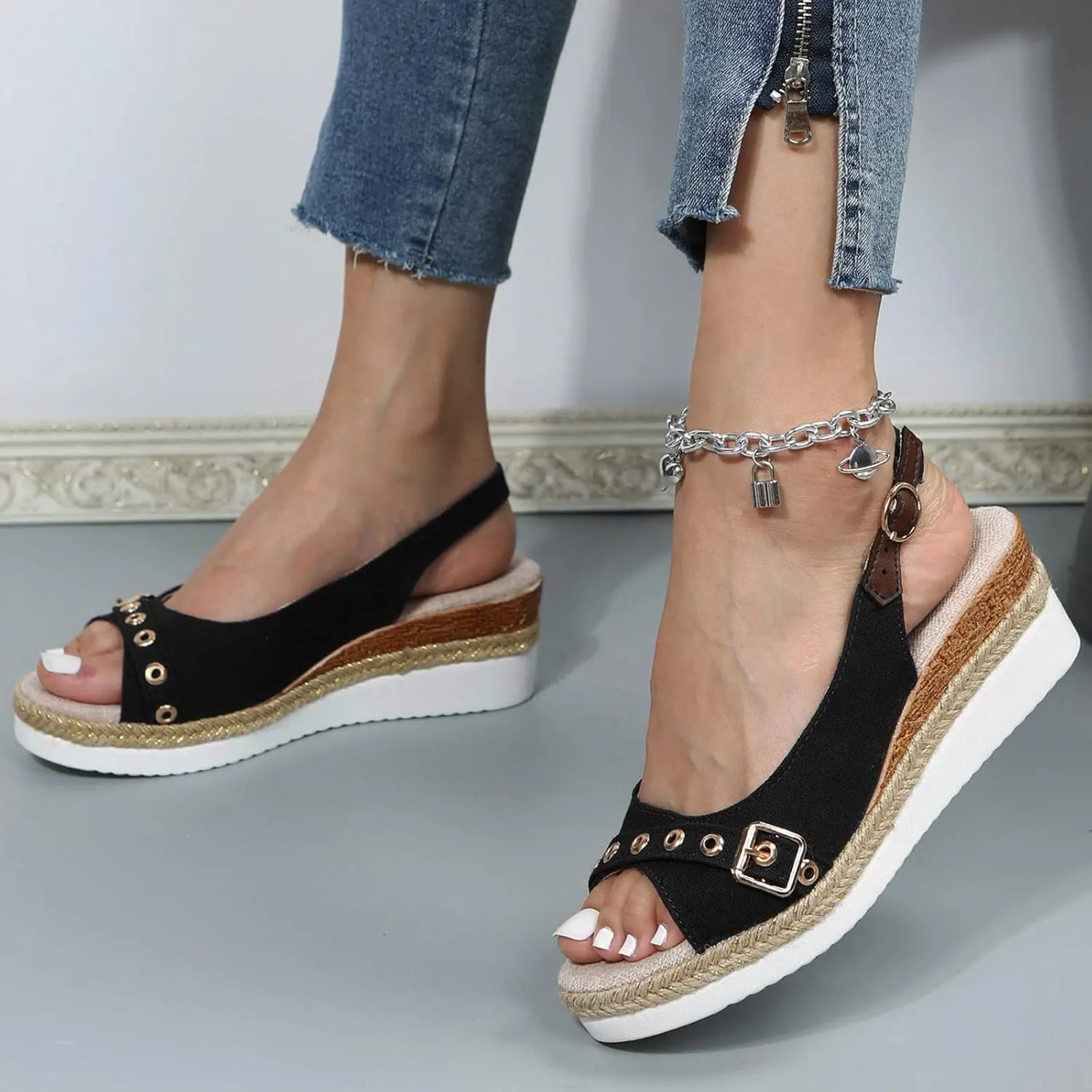 Eduavar Sandals for Women 2025 Summer Open Toe Slingback Wedges Double Strap Block Low Heel Sandals Classic Dress Shoes
