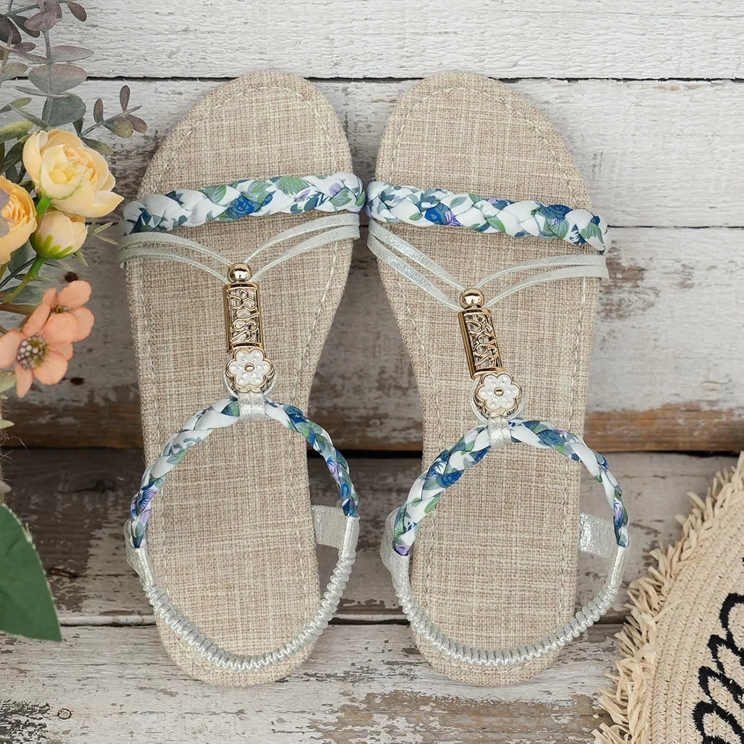 Eduavar Womens Sandals Arch Support Bohemian Comfort Dressy Rhinestone Summer Beach Flat Shoes Slip-on Ankle Strap Sandals