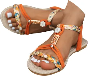 Eduavar Womens Sandals Arch Support Bohemian Comfort Dressy Rhinestone Summer Beach Flat Shoes Slip-on Ankle Strap Sandals