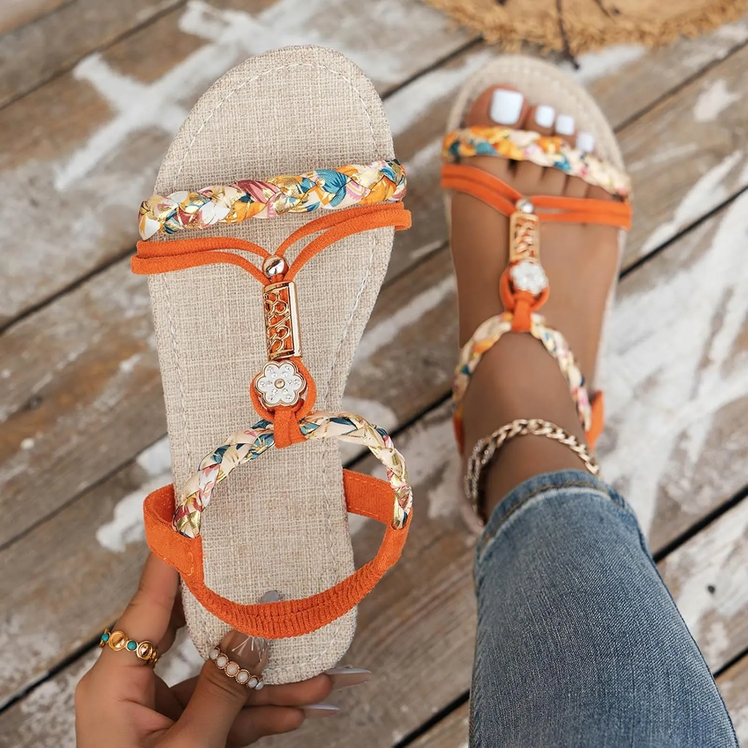 Eduavar Womens Sandals Arch Support Bohemian Comfort Dressy Rhinestone Summer Beach Flat Shoes Slip-on Ankle Strap Sandals