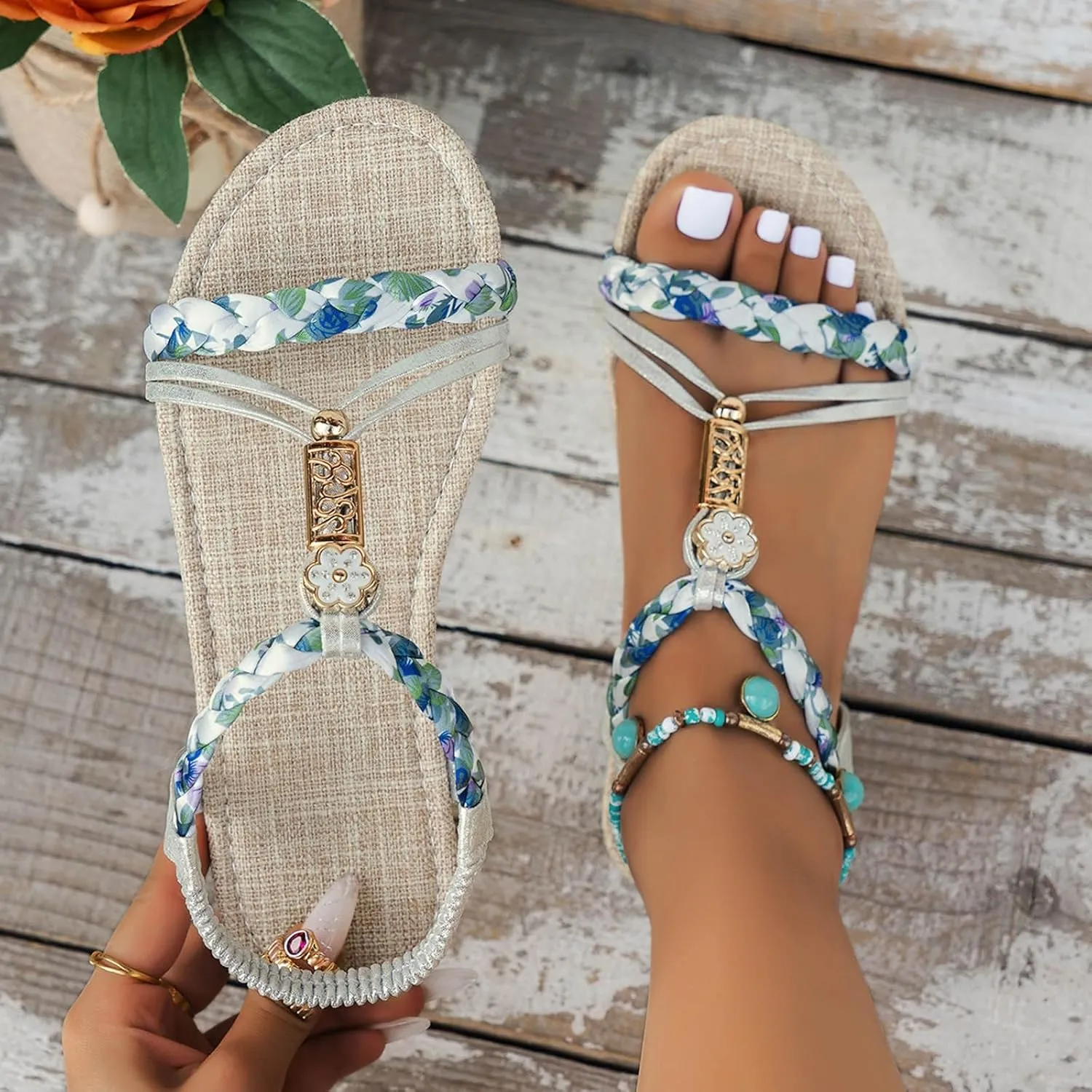 Eduavar Womens Sandals Arch Support Bohemian Comfort Dressy Rhinestone Summer Beach Flat Shoes Slip-on Ankle Strap Sandals