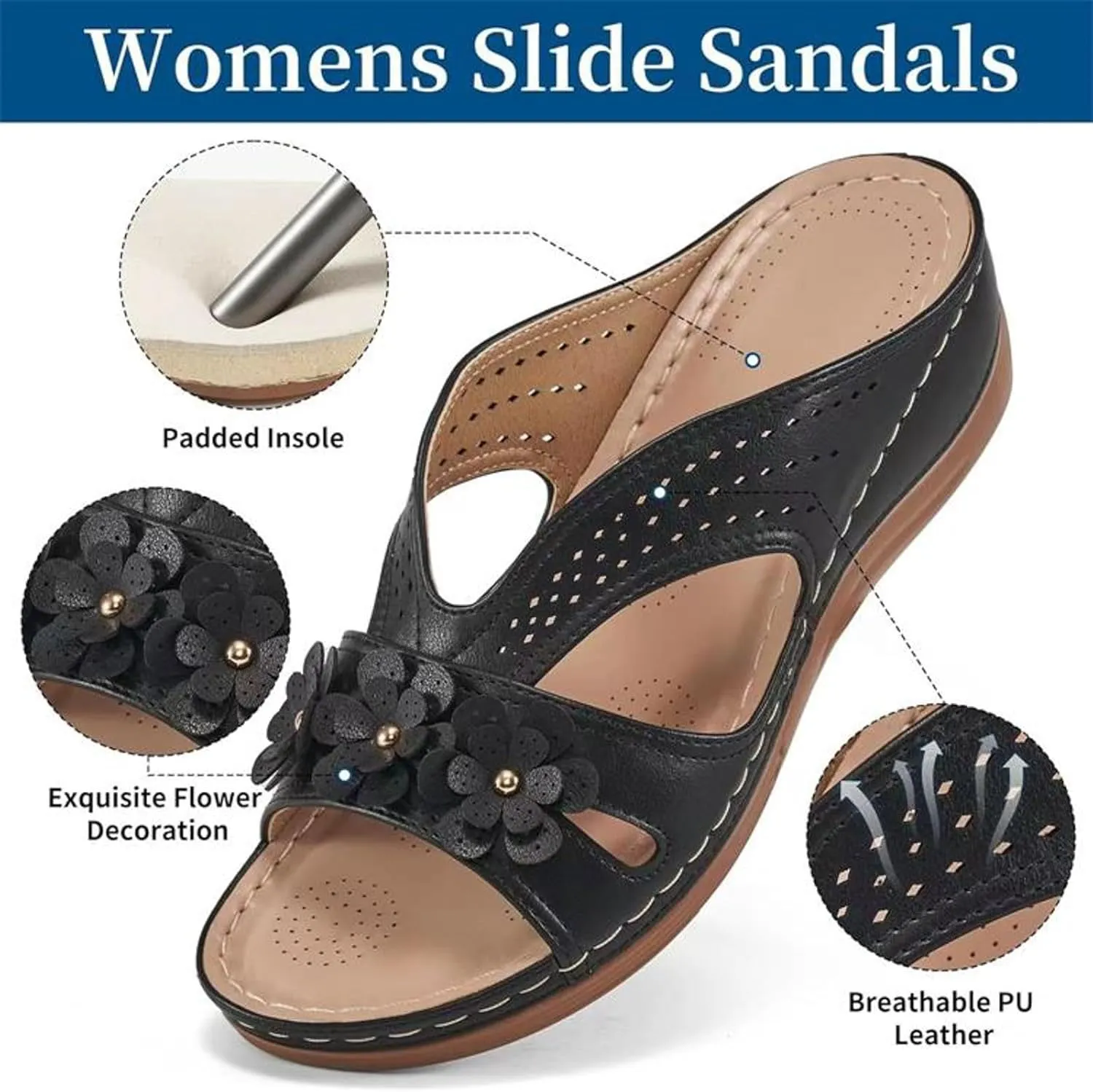 Eduavar Womens Sandals Orthopedic Slide Flat with Arch Support Lightweight Soft Comfort Summer Beach Slip On Walking Slippers