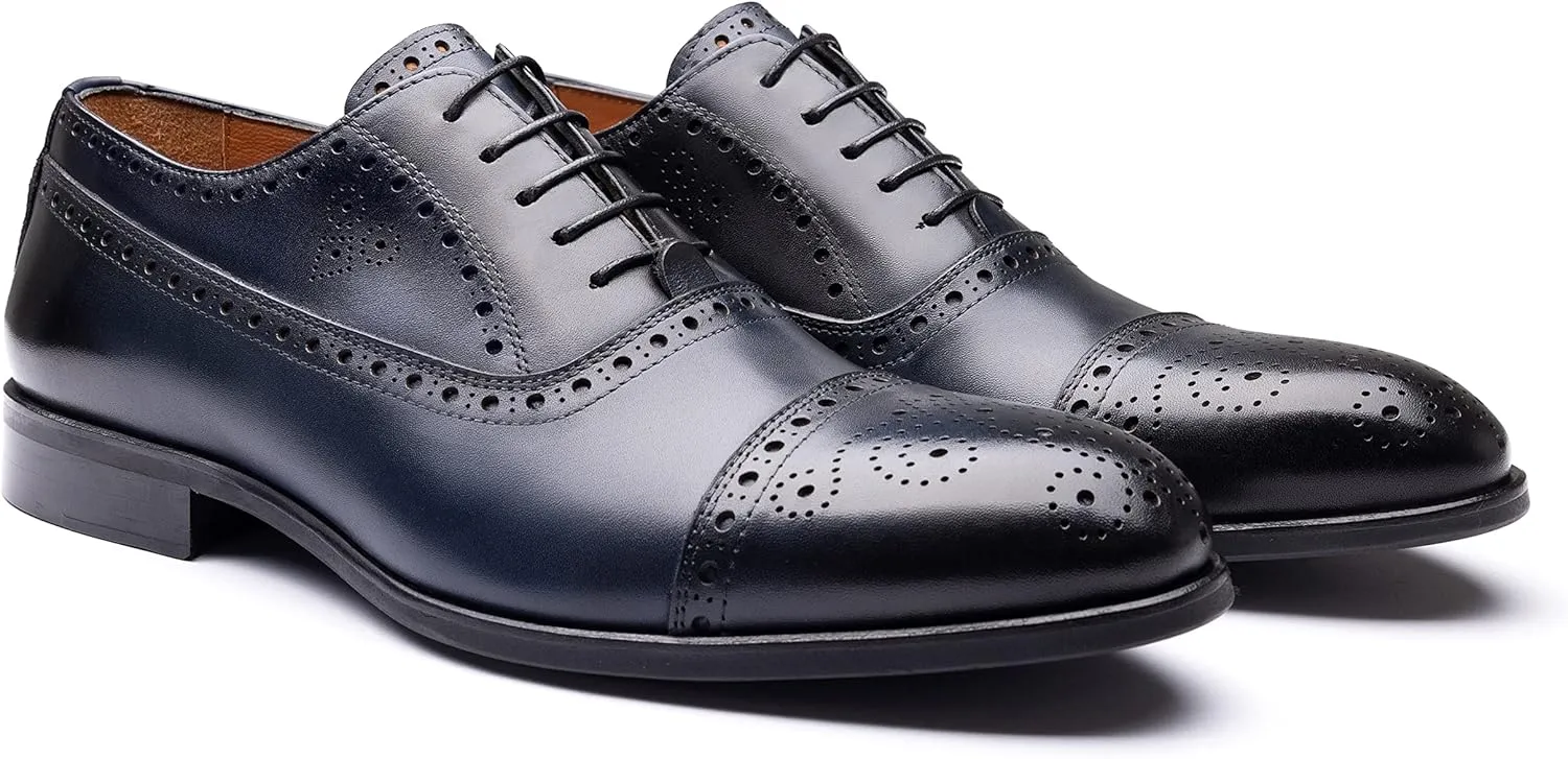 EK Collection-Formal Men's Business Shoes, Genuine Leather Classic Shoes, Lace-Up Fashionable Suit Shoes, Stylish Shoes for Men. (Navy Blue-Brown)