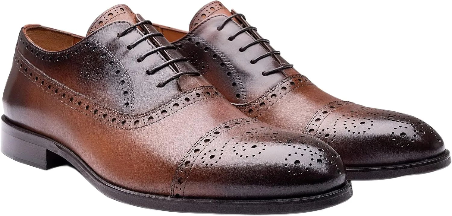 EK Collection-Formal Men's Business Shoes, Genuine Leather Classic Shoes, Lace-Up Fashionable Suit Shoes, Stylish Shoes for Men. (Navy Blue-Brown)
