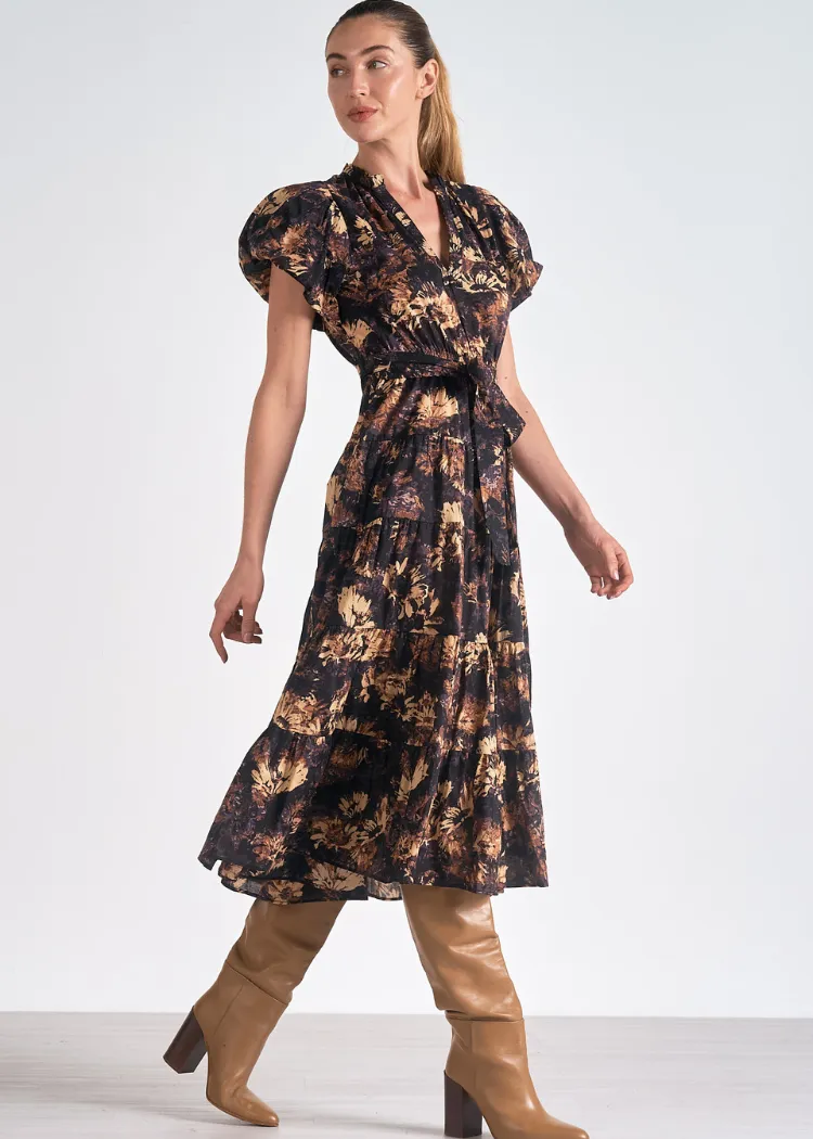 Elan Juniper Midi Dress- Black Tuscany