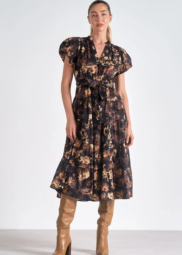 Elan Juniper Midi Dress- Black Tuscany