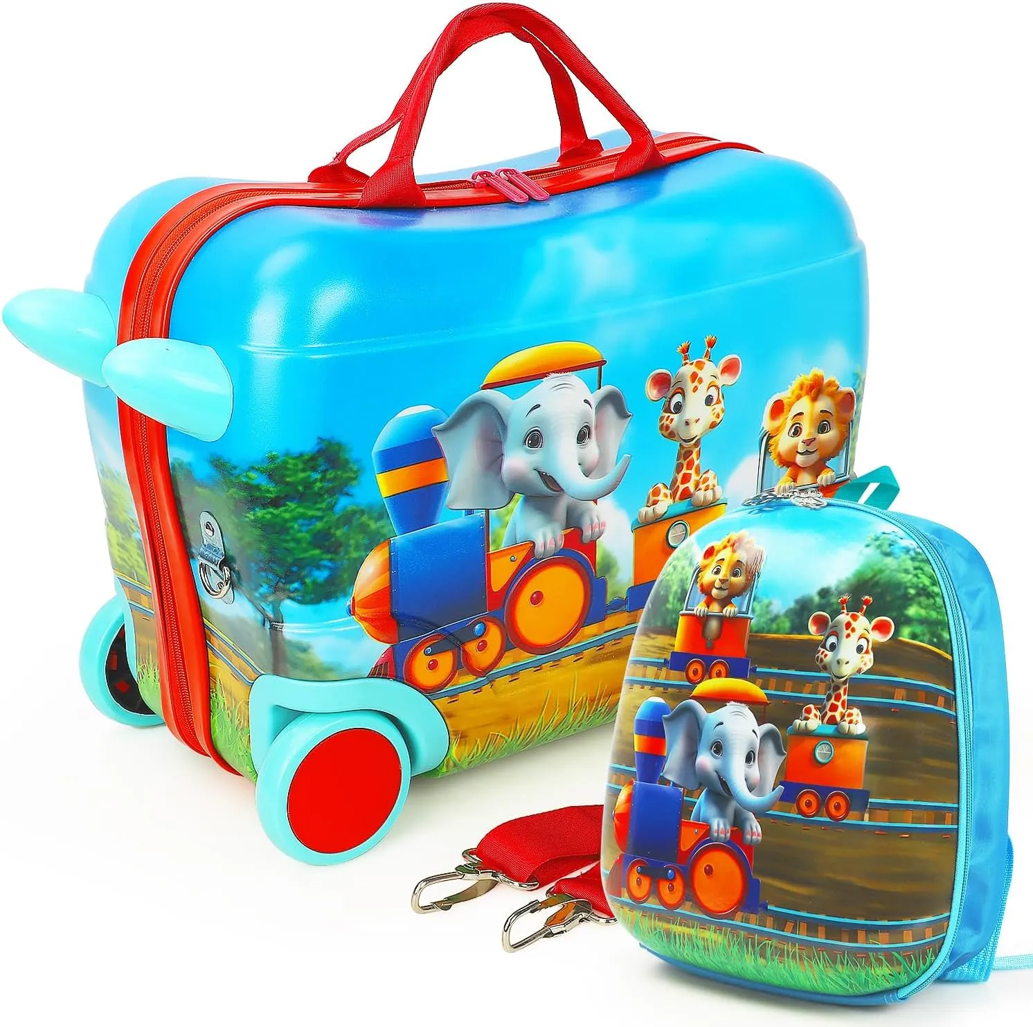 Emissary Todder Ride On Suitcase & Backpack Bundle - Kids Carry On Luggage Set