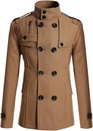 evzosrz Men's Jacket Long Sleeve Slim Fit Stand Collar Double Breasted Windproof Long Pea Coat Fall Winter Warm Trench Coats