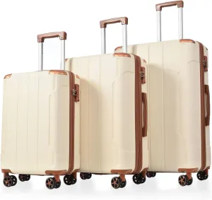 Expandable Luggage Sets, Hard Shell ABS Suitcases with Double Spinner & TSA Lock (20/24/28inch) - Brown White - Family Travel Luggage