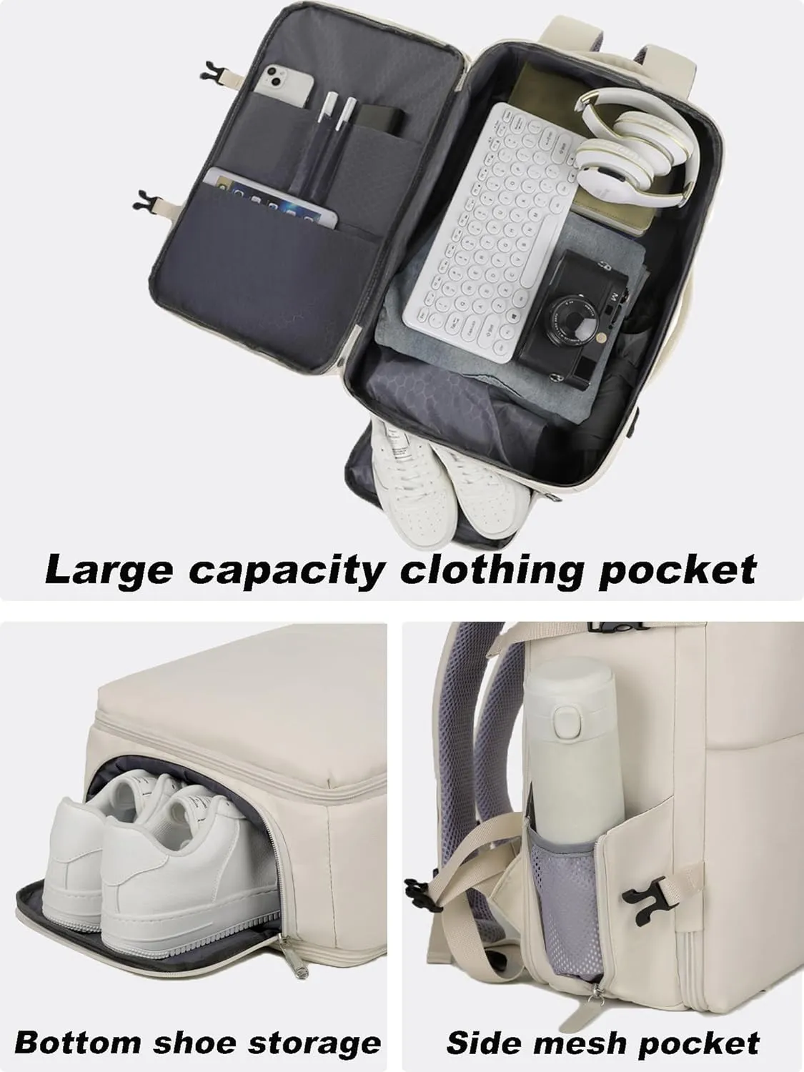 Extra large travel backpack for woman 40L Expandable airline approved backpacks 17.3 inch Laptop and USB Charging Port bags Durable Waterproof Casual bag for Weekender (Creamy white)