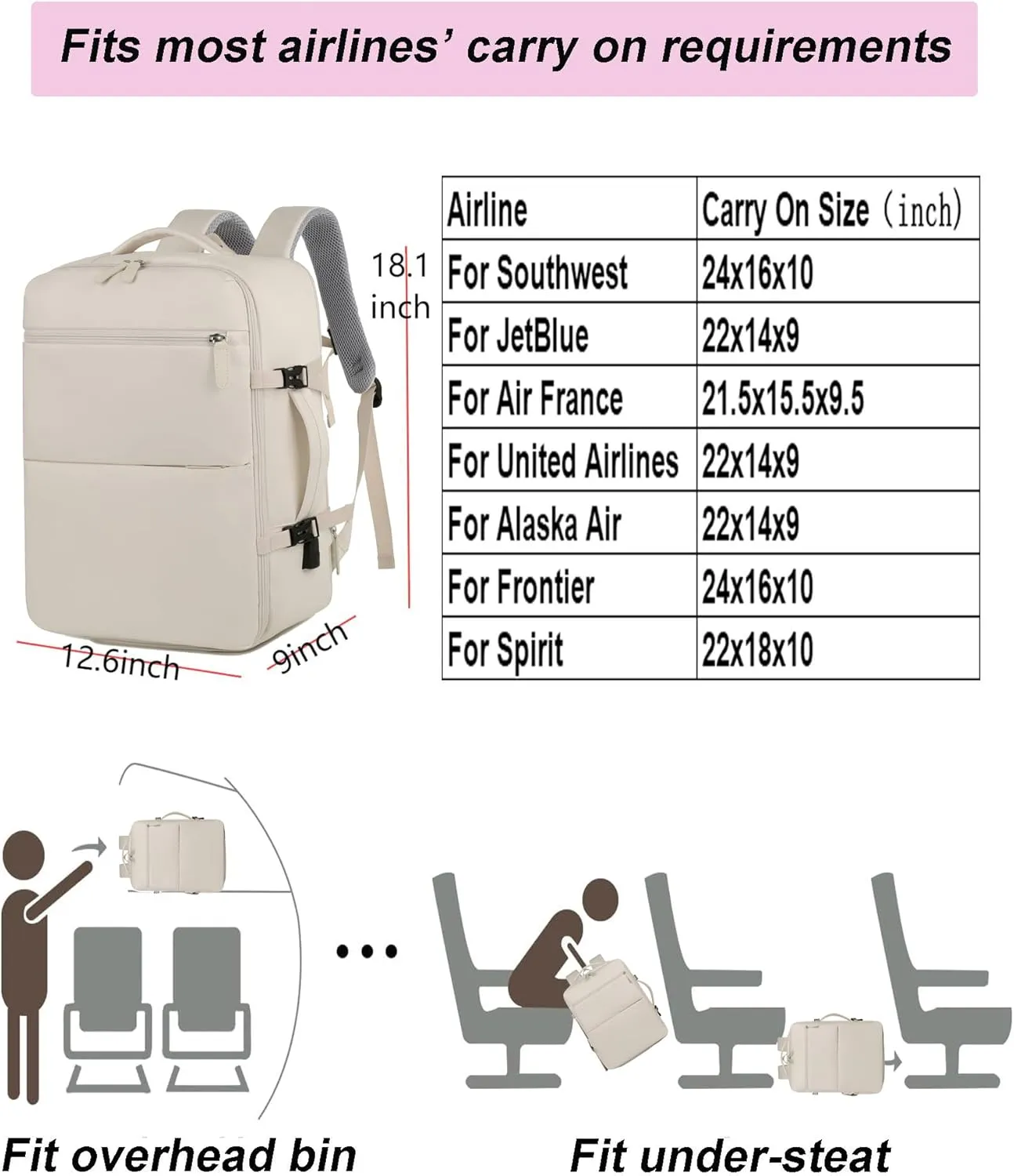 Extra large travel backpack for woman 40L Expandable airline approved backpacks 17.3 inch Laptop and USB Charging Port bags Durable Waterproof Casual bag for Weekender (Creamy white)