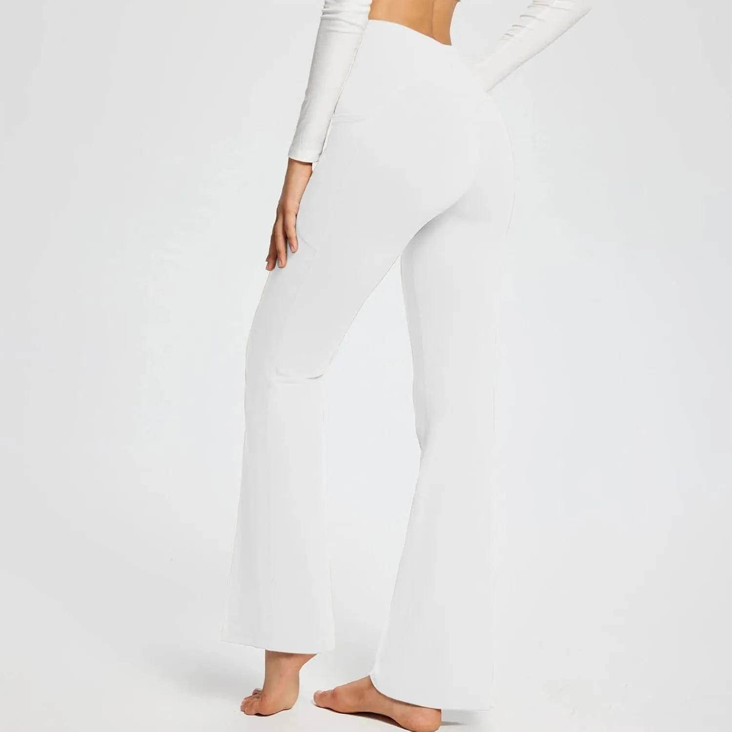 Flare Yoga Pants for Women V Neck High Waisted Tummy Control Pants Skinny Stretch Butt Lifting Pull on Pants with Pockets
