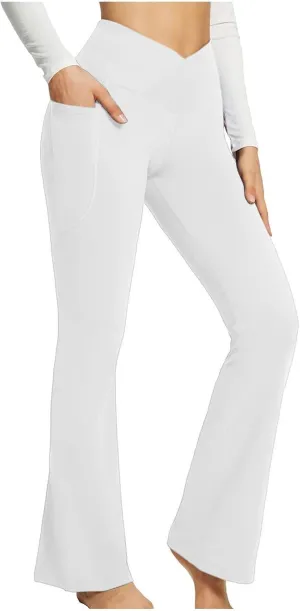 Flare Yoga Pants for Women V Neck High Waisted Tummy Control Pants Skinny Stretch Butt Lifting Pull on Pants with Pockets