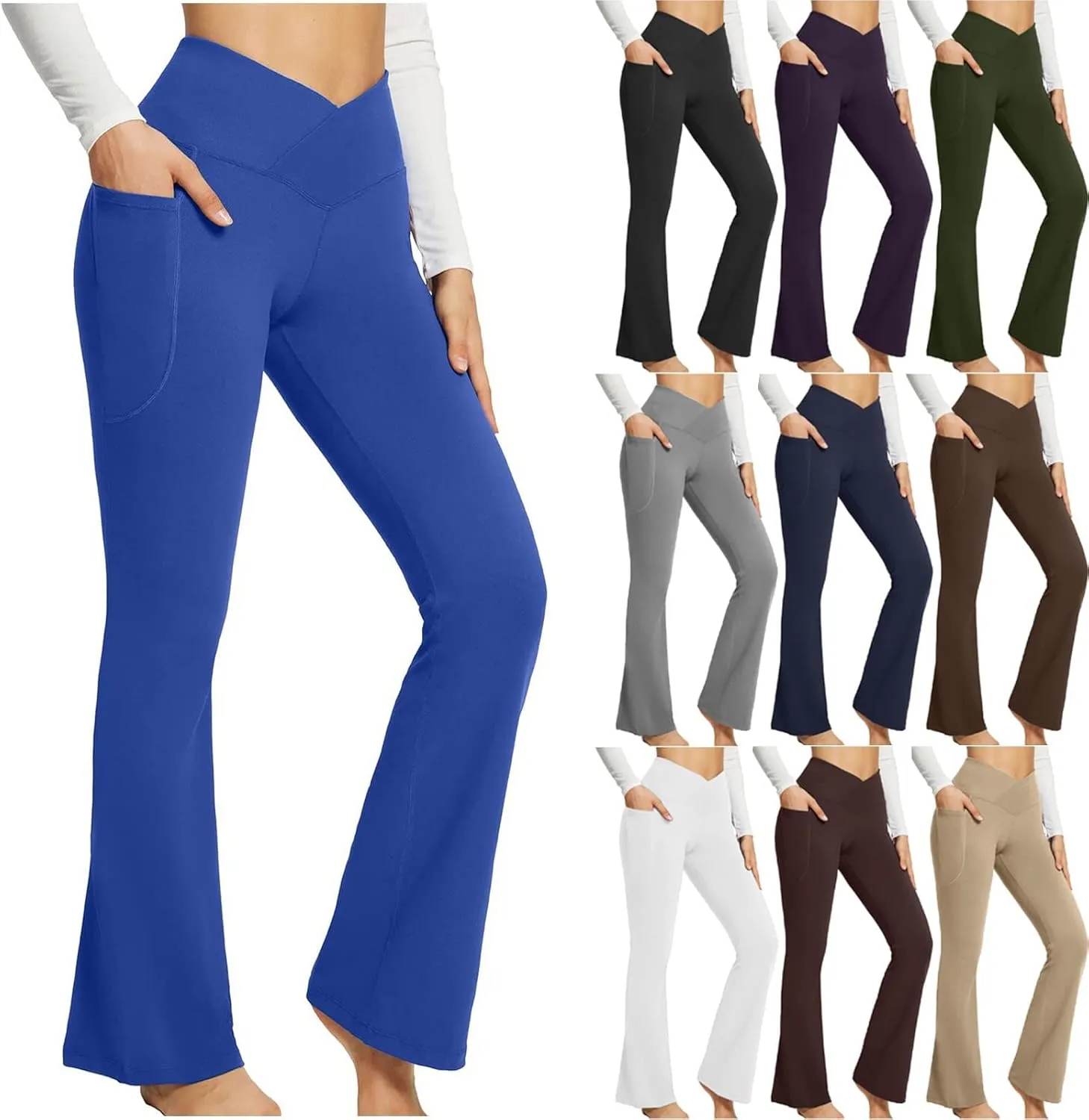 Flare Yoga Pants for Women V Neck High Waisted Tummy Control Pants Skinny Stretch Butt Lifting Pull on Pants with Pockets