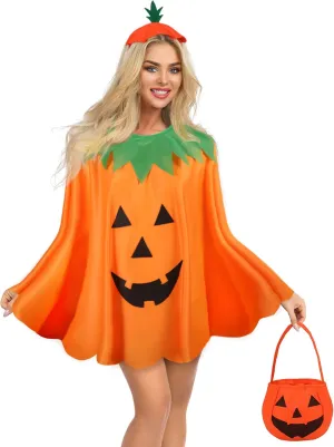 Geyoga Adult Halloween Costume Set with Pumpkin Cloak Poncho, Candy Bag, Hat, Handbag, Funny Headband