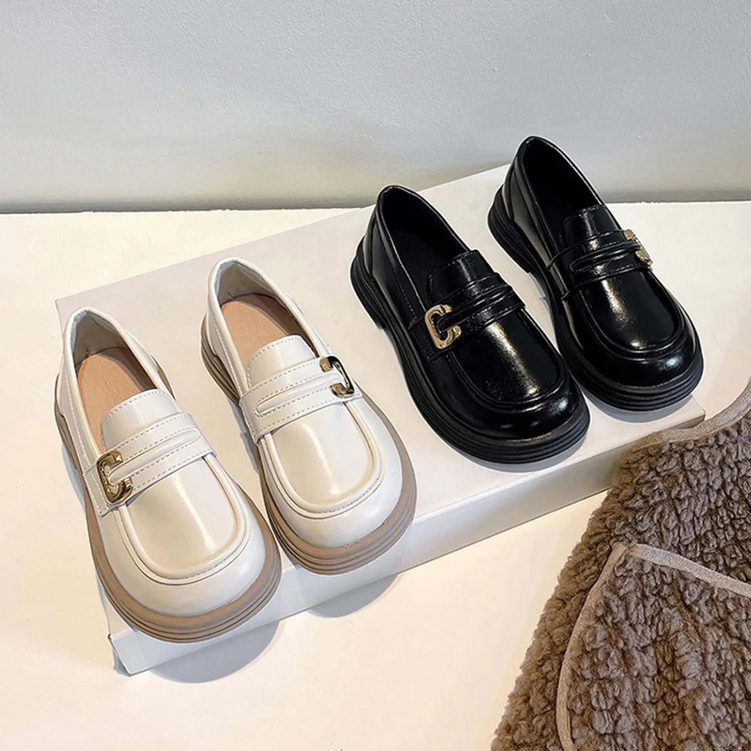 Girls Loafers Chunky Platform Classic Dress Shoes Big Little Kid PU Leather Rubber Sole Oxfor?? School Uniform Shoes