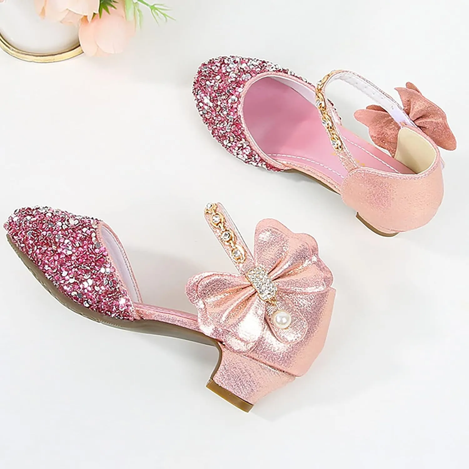 Girls Rhinestones Shining Bows Low Heel Shoes Princess Dress Flower Wedding Party Pump Shoes for Toddler Girls