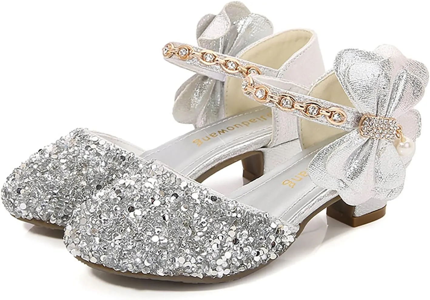 Girls Rhinestones Shining Bows Low Heel Shoes Princess Dress Flower Wedding Party Pump Shoes for Toddler Girls